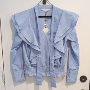 English Factory New Long Sleeve Smocked Blue Pinstripe Ruffle Top Size Small